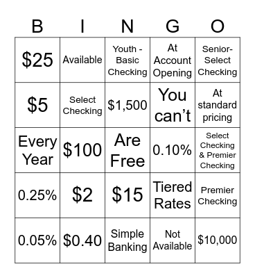 Personal Checking Bingo Card