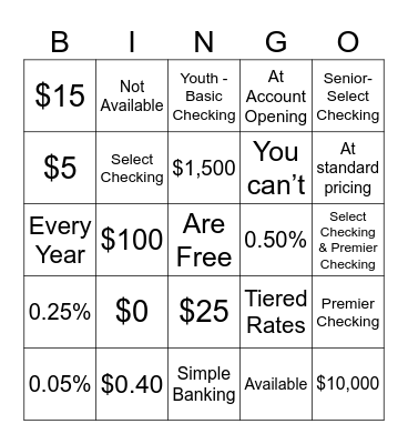 Personal Checking Bingo Card