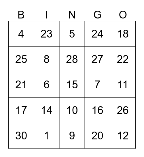 Personal Checking Bingo Card