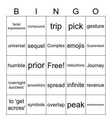 Vocabulary Review Units 1 & 2 Bingo Card