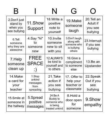 Upstander Kindness Bingo Card