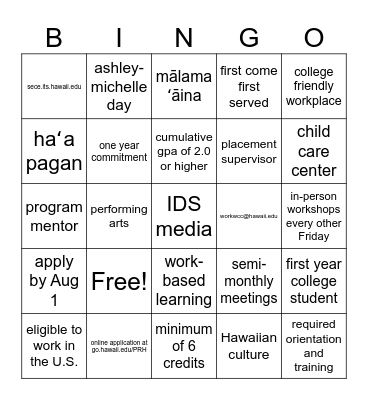 Student Employment Bingo Card