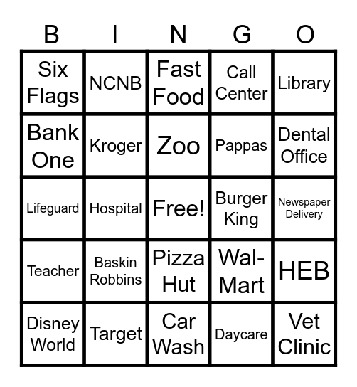 My First Job Bingo Card