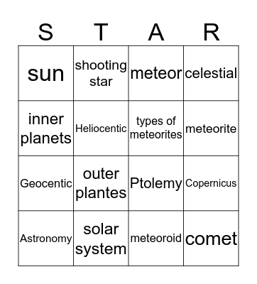 Astronomy Bingo Card