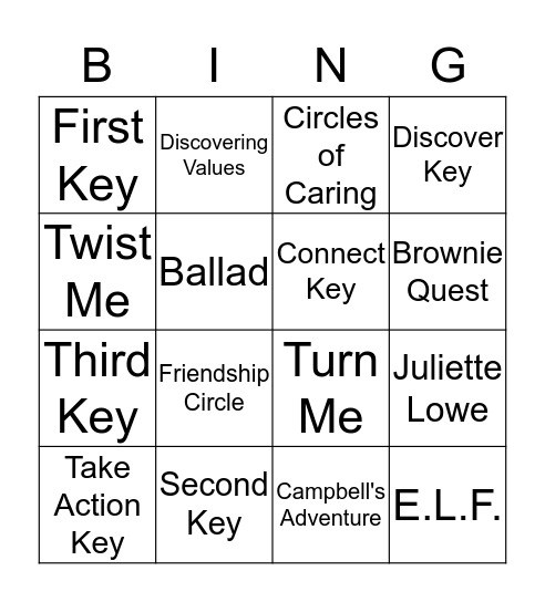 Brownie Quest Bingo Card