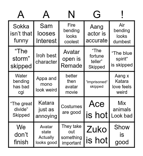 Avatar live action binge-o Bingo Card