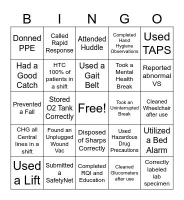 Safety Week PCT Bingo Card