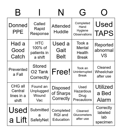 Safety Week PCT Bingo Card