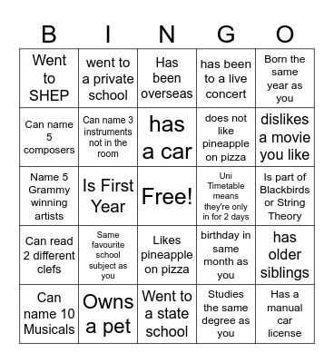 Concert band QMuSo 2024 - Find Someone who... Bingo Card
