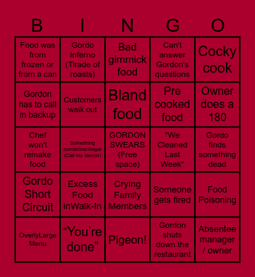 KASIFEL KITCHEN NIGHTMARES Bingo Card