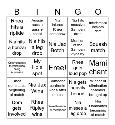 Nia Jax vs Rhea Ripley Bingo Card
