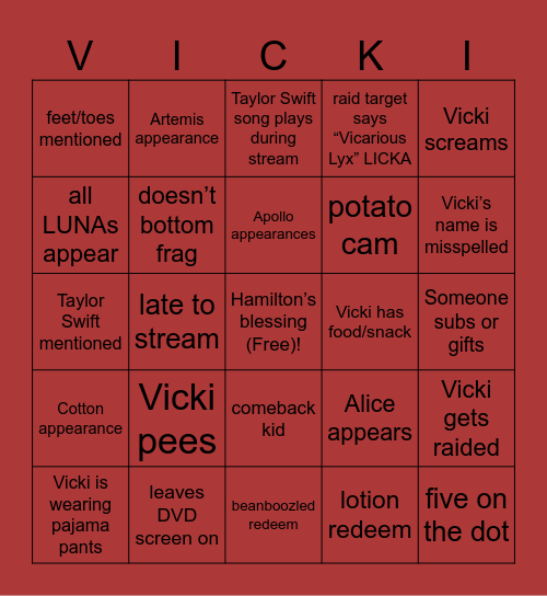 Vicariouslyx Bingo Card