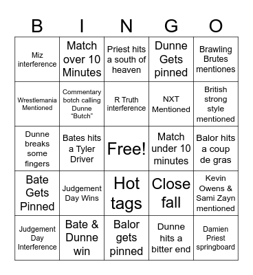 Mens Tag Match Bingo Card