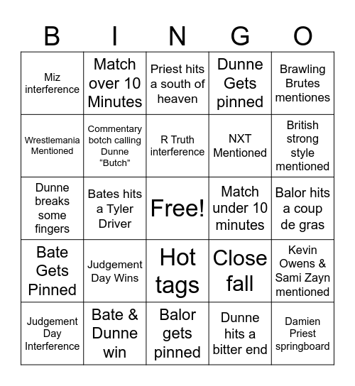 Mens Tag Match Bingo Card