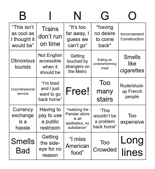 “The Paris Experience” Bingo Card