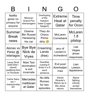 2023 Season's  Drive to Survive Bingo Card