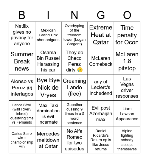 2023 Season's  Drive to Survive Bingo Card