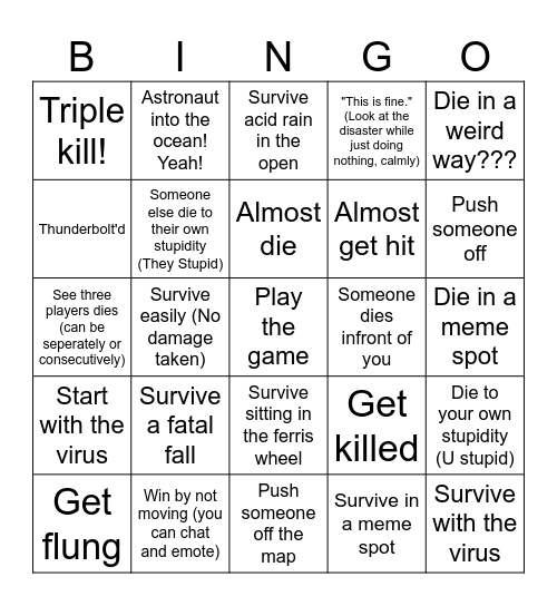Natural Bingo Survival Bingo Card