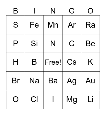 Periodic Table Bingo Card