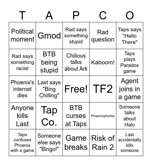 Tap Co. Bingo Card