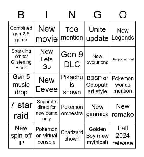 Pokemon Direct Feb 27 2024 Bingo Card