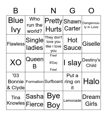 BEYONCE BINGO Card