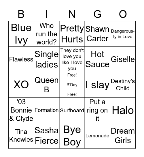 BEYONCE BINGO Card