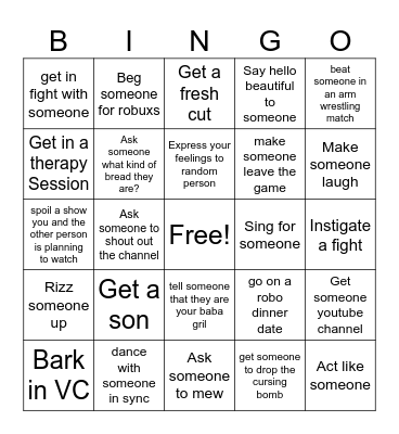 Roblox Bingo Dares Bingo Card