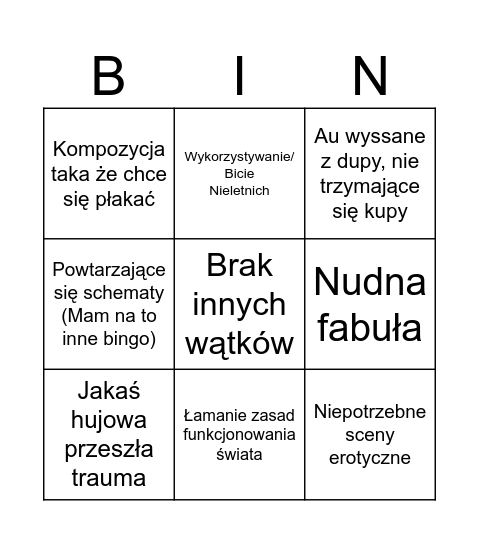 Bingo złych fanfików dnf Bingo Card