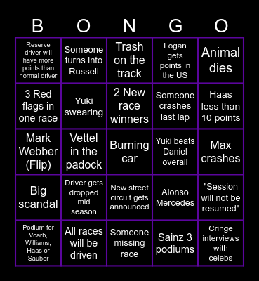 F1 Bingo Card