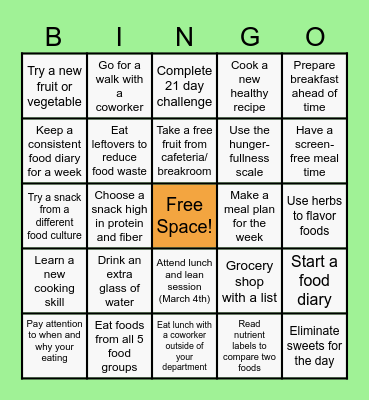 National Nutrition Month Bingo Card