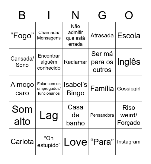 Isabel’s Bingo Card