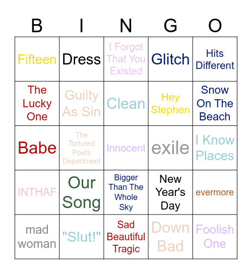Surprise Song Bingo Card