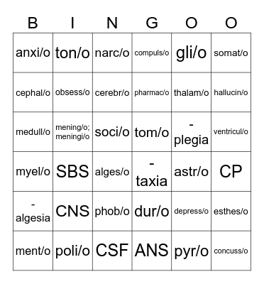 NS Word Parts BINGOO Bingo Card