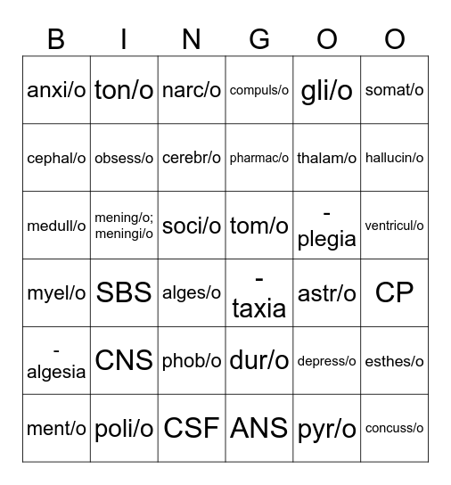NS Word Parts BINGOO Bingo Card