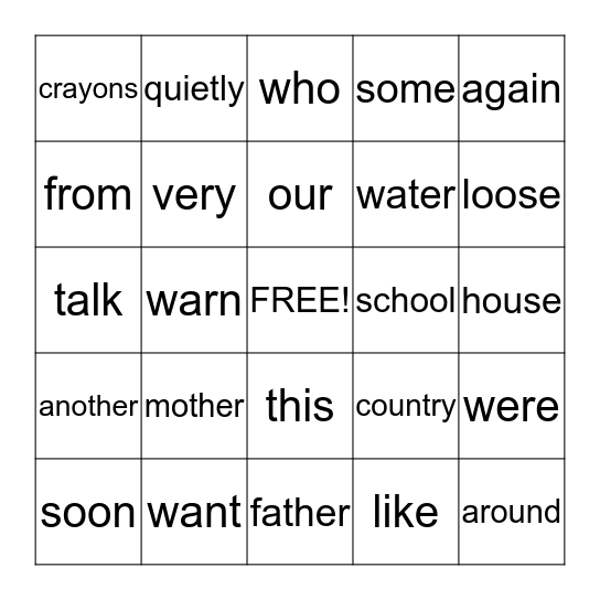 Sightword Bingo Card