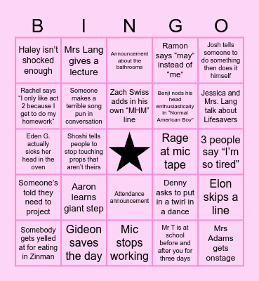 BYE BYE BIRDIE Tech Week Bingo Card