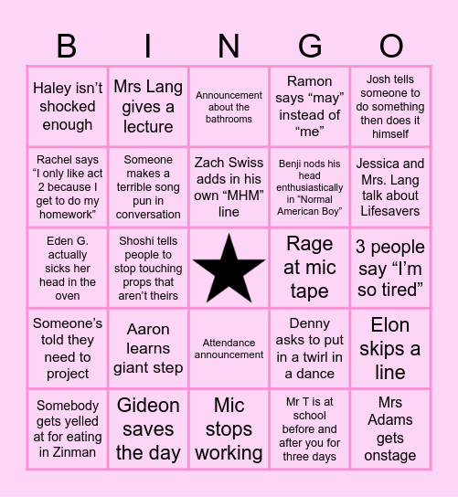 BYE BYE BIRDIE Tech Week Bingo Card