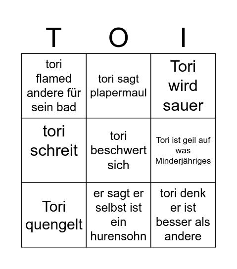 Tori Bingo Card