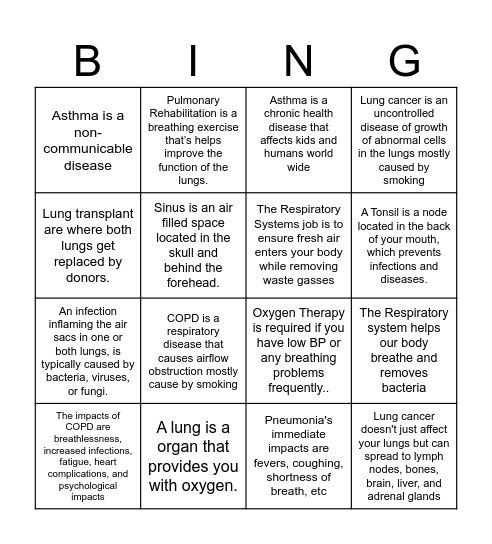 Respiratory System Bingo Card