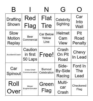 Nascar Bingo Card