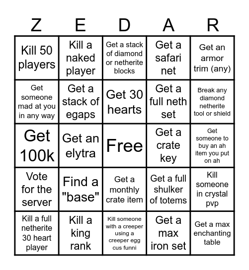 Zedar (lifesteal) Bingo Card