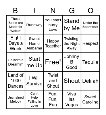 60’s Hits Classics Bingo Card
