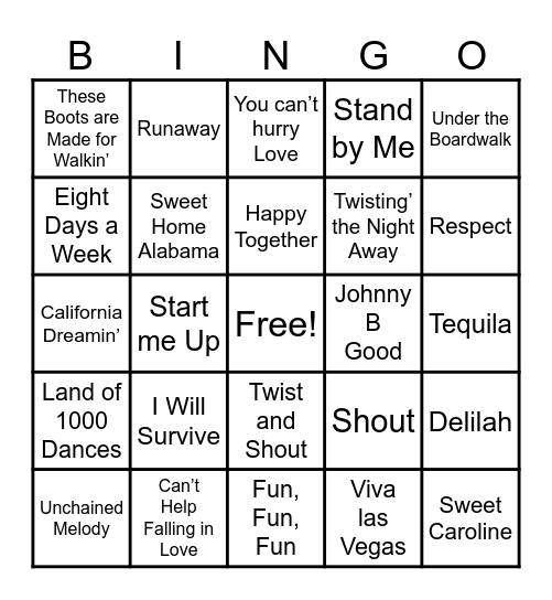 60’s Hits Classics Bingo Card