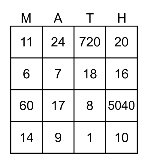 BINGO MATH Bingo Card