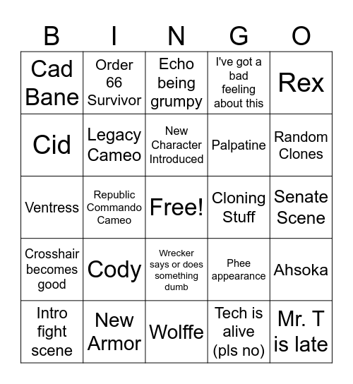 Bad Batch Premier Bingo Card