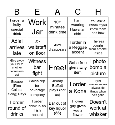 Beach Party Bingo Card