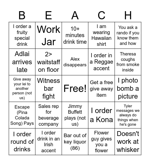 Beach Party Bingo Card