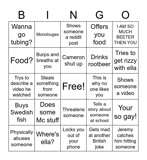 Morgan bingo sheet Bingo Card