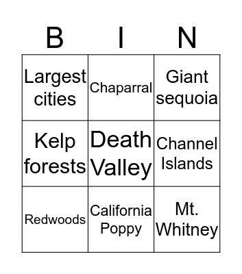 California Bingo Card